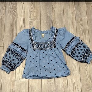 Anthropologie Seen Worn Kept Mary Blouse Womens 2P Floral Blue Embroidered Boho